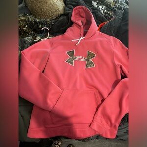womens pink and camo under armour logo hoodie